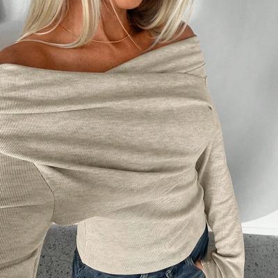 Off-shoulder Autumn New Sexy Slim Solid Color One-line Collar Long-sleeved Sweater Top