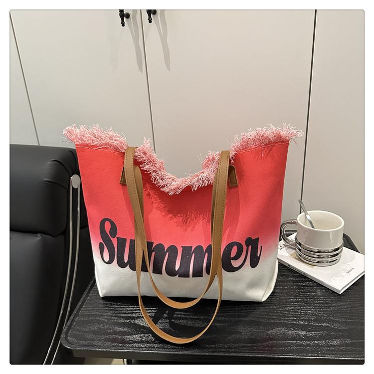 Summer Large Capacity Women Canvas Shoulder Bags Casual Tassel Design Ladies Beach Tote Bag Ctrast Color Letter Female Handbag