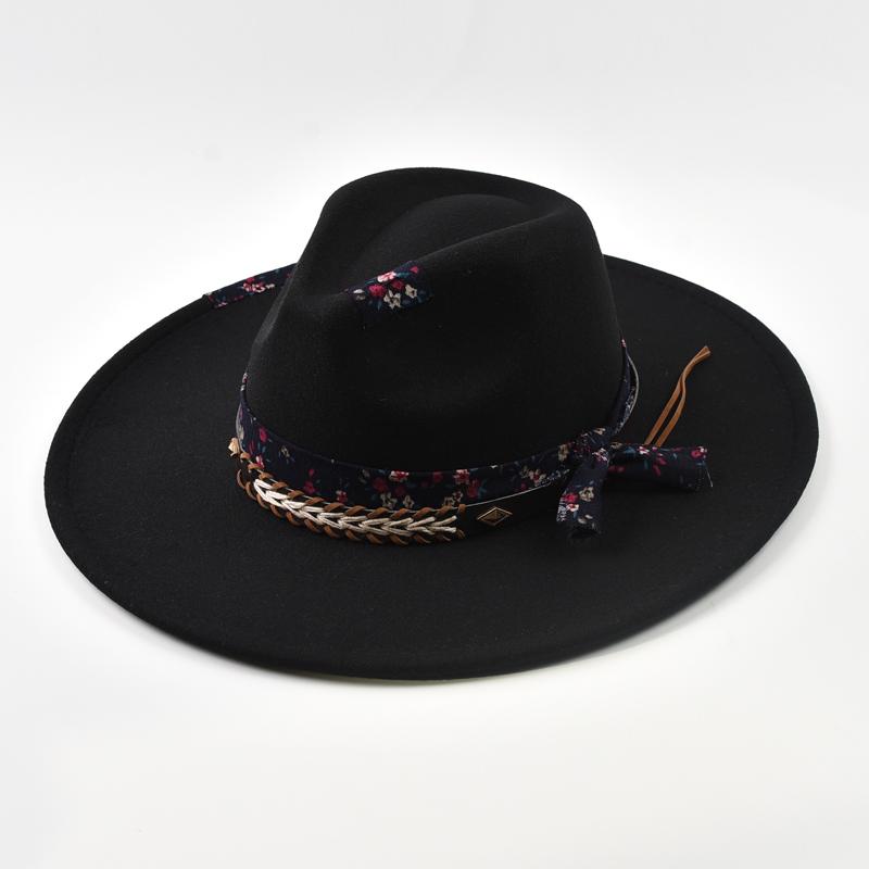

Handmade Imitation Wool Fedoras Hat for Women Vintage Personalized Wide Brim Party Church Jazz Hats One Size чёрный