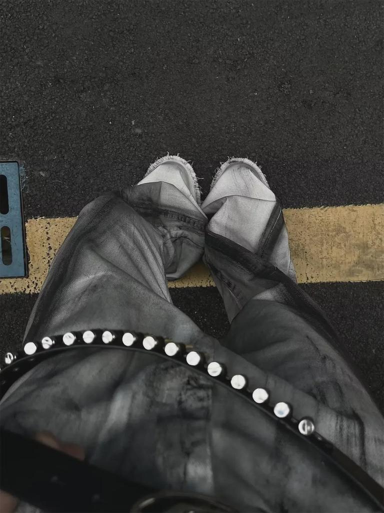 Blugi evazați retro cu gradient și aspect uzat pentru bărbați - Pantaloni nișă high street cu croială slim