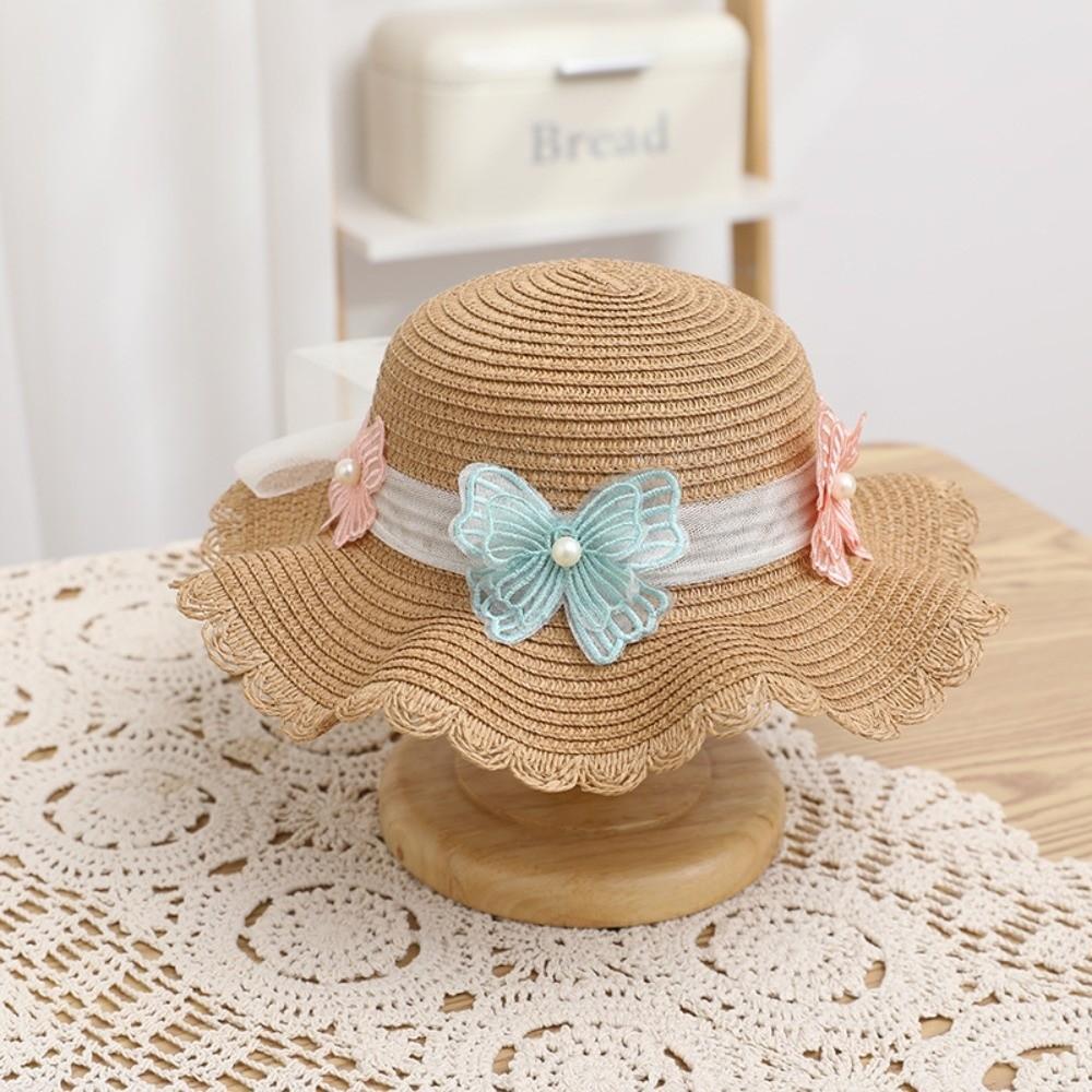 Wide Brim Straw Bag Cap Set Pearl Bow Style Sun Hat Sunscreen Sunshade Hat  for 2-8 Years Kids