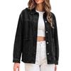 Women's Casual Loose Fit Denim Jacket with Lapel Collar, Drop Shoulder, Long Sleeve, Single Breasted, Two Large Patch Pockets