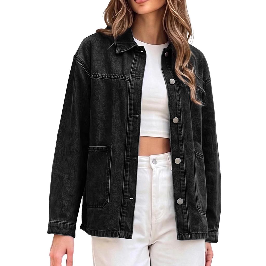 Women's Casual Loose Fit Denim Jacket with Lapel Collar, Drop Shoulder, Long Sleeve, Single Breasted, Two Large Patch Pockets