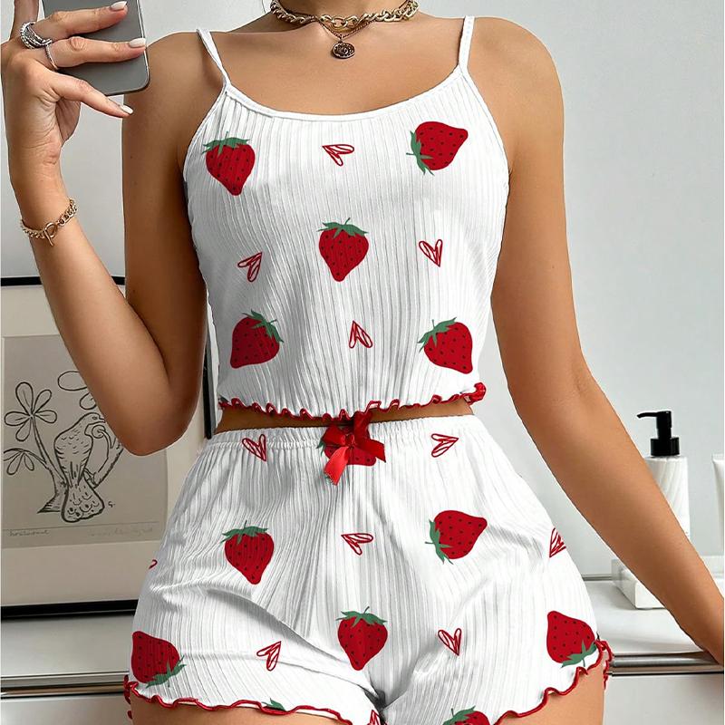 Women's Strawberry Printed Pajama Set Ice Silk Camisole Vest and Shorts Casual Home Pajama Set 2 Pcs