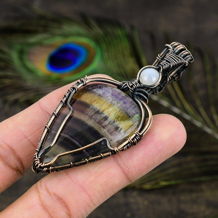 Natural Fluorite, Moonstone Gemstone Copper Wire Wrap Gift Pendant 2.99" J8D92