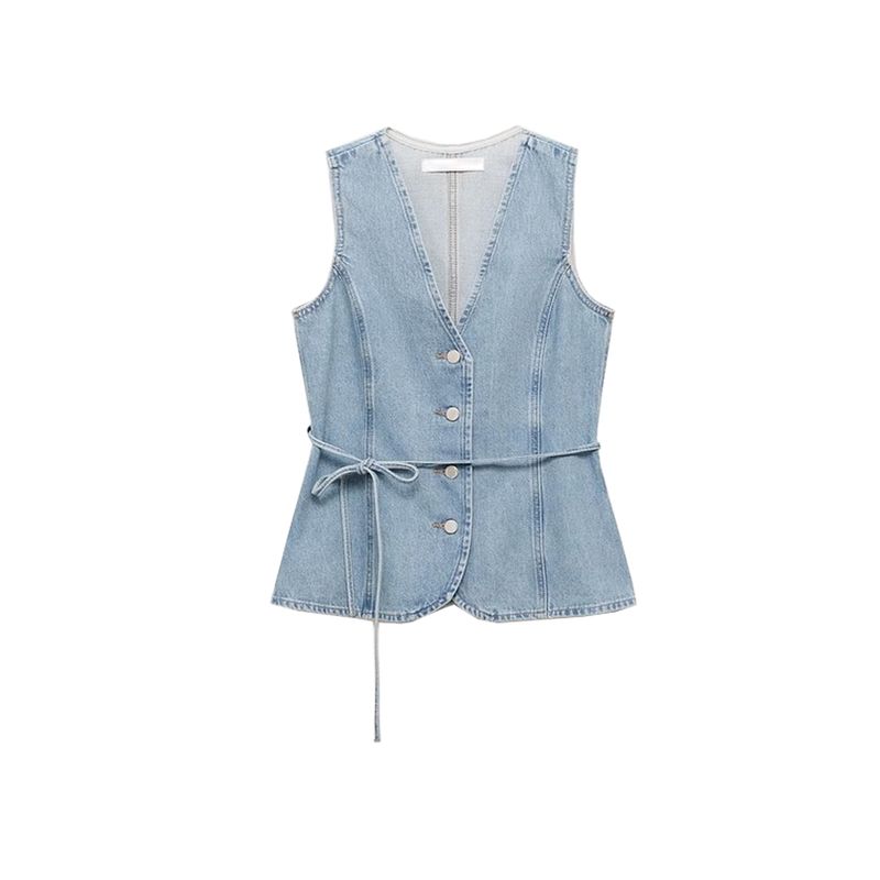 V Neck Sleeveless Waist Denim Vest 17071272 High Waist Loose Wide Legs Length Denim 17091272