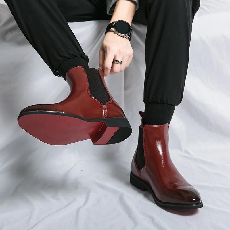 High Top Red Leather Shoes  Pointed Toe Toe Fit Oversized Men'S Boots British Casual Chelsea Boots