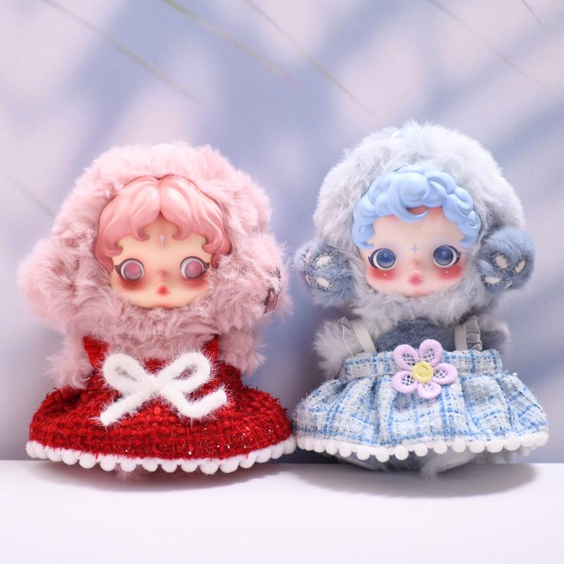 17CM Doll Clothes: Guangzhiyuan Series Plaid Skirt with Bow & Flower for Plush Dolls