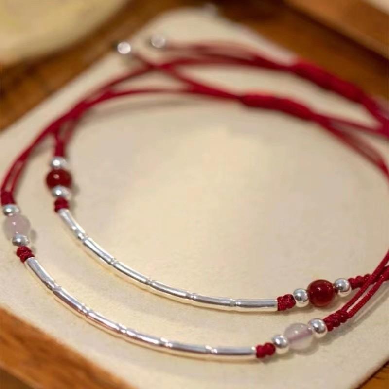 Handmade Red Elegant Rope Bracelet For Women With Bamboo Charm Style Chinese