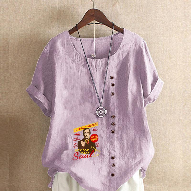 Women's Fashion Handsome Pattern Prined Short Sleeve T-shirt Loose Cotton Shirt Casual Loose Summer Blouse Tops