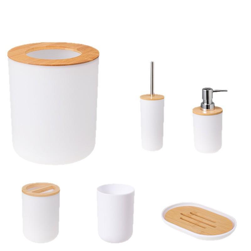 Six-Piece Bathroom Set: Washbasin, Trash Can, Soap Dish, Cleaning Tools.