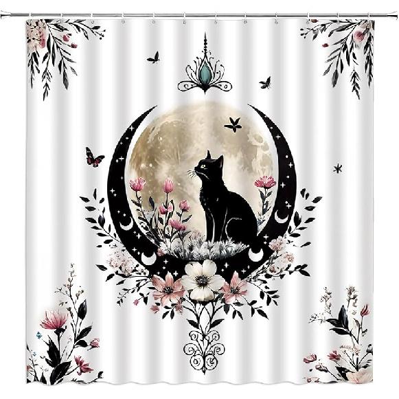 

Бохо Кошка Занавеска для душа Готическая Фаза Луны Цветочная Ведьминская Мистическая Полевой цветок Эстетика Тканевый Декор для ванной Комнаты Шторы с крючками, Черно-белый 70 W x 70 L (Pack of 1) черный белый