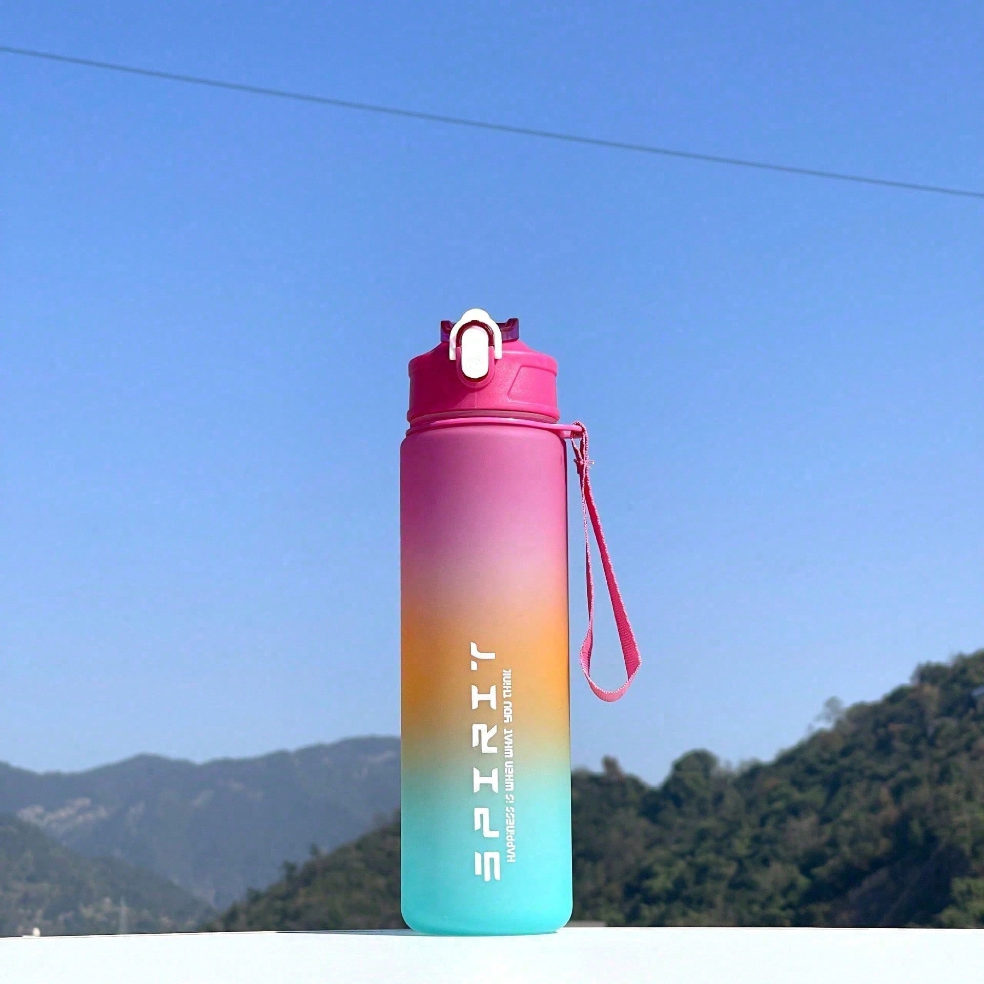 Gradient frosted sports water cup, portable fitness water cup with straw and space cup with hand-held rope 25.5x6.8cm
