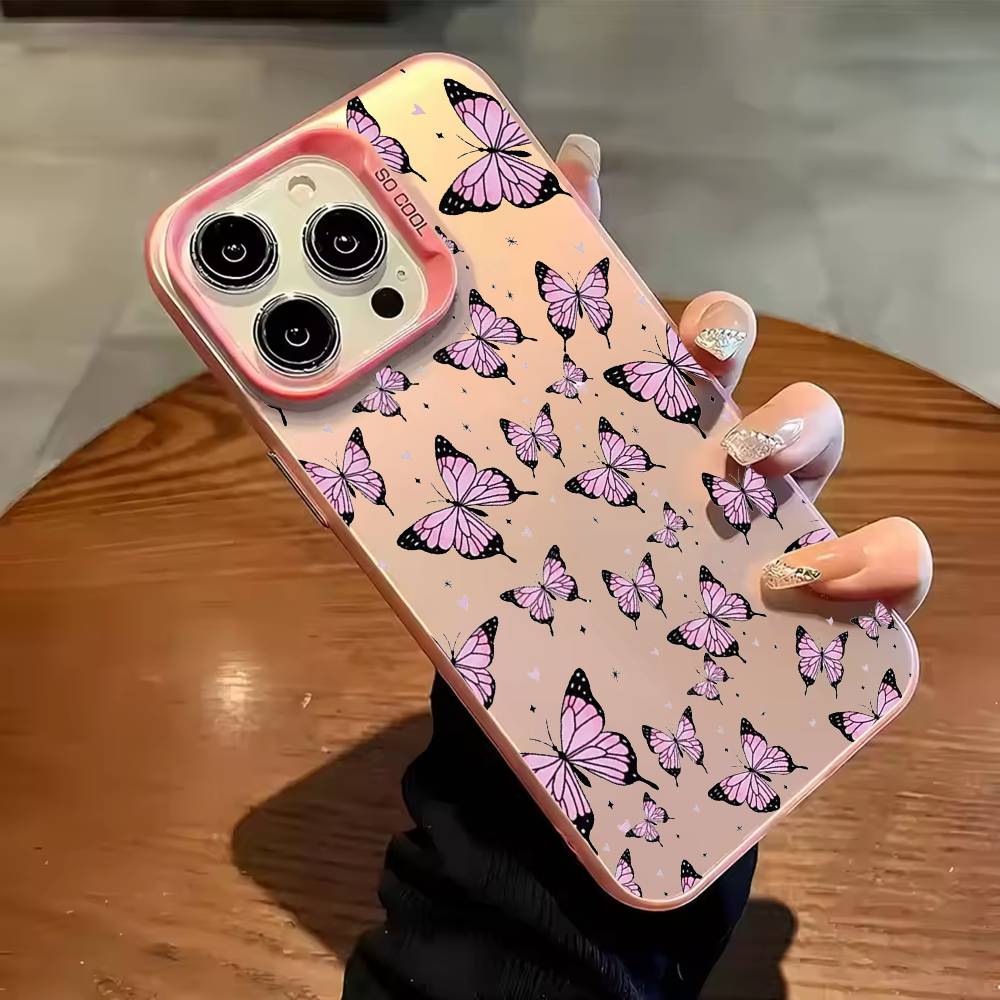 Cartoon Beatiful Butterfly Phone Case For iPhone 17 16 15 14 13 12 11 Pro Max Plus Silver candy Matte Cover