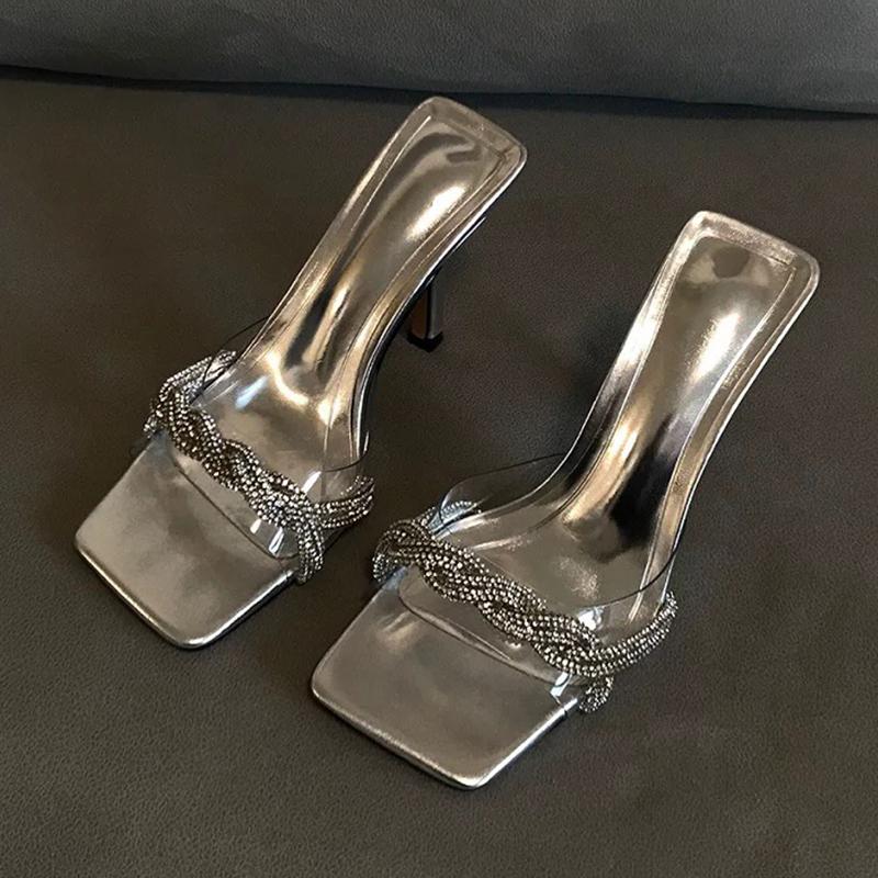 

Модные хрустальные туфли на высоком каблуке, женские шлепанцы, дизайнерские сандалии на каблуке класса люкс, женская обувь, летние туфли-лодочки 2025, модные шлепанцы, слайды, Mujer 40 серебряный