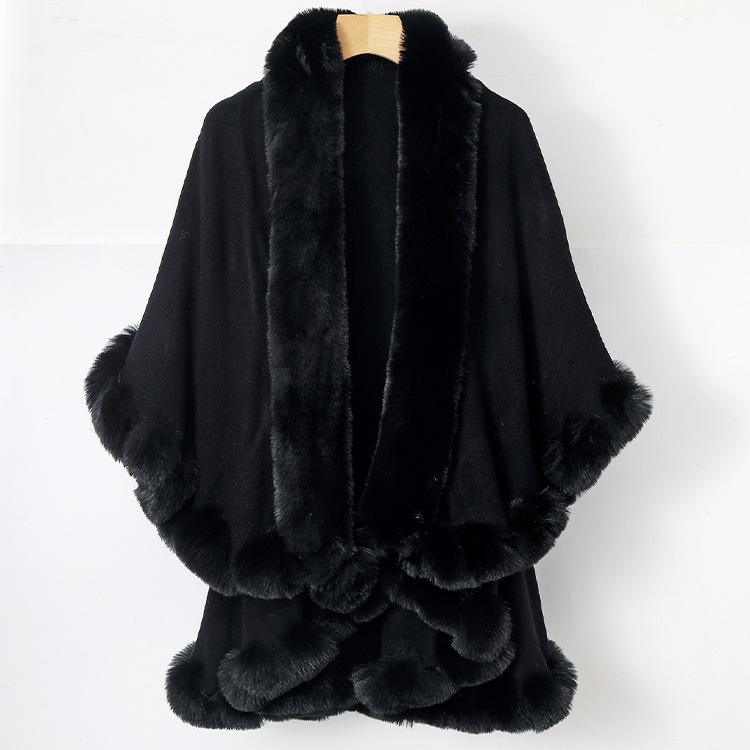 Women Double‑Layer Faux Fur Trim Poncho Shawl Winter Warm Open Front Cape Outerwear