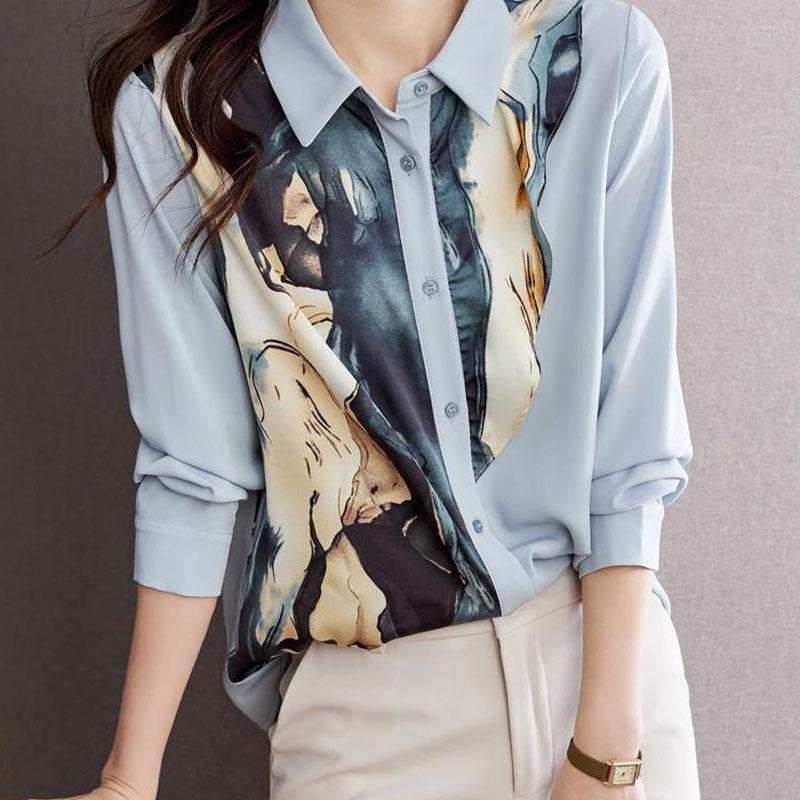 Women's Clothing Long Sleeve Printed Spliced Blouse Spring Autumn Elegant Commute Turn-down Collar Single-breasted Shirt