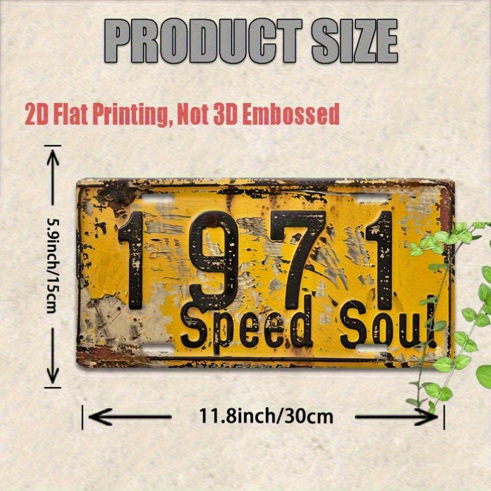 Vintage Metal License Plate Wall Art - "1971 Speed Soul" Rustic Yellow Sign with Black Numbers, Es, Perfect for Garage, Bar, Ca