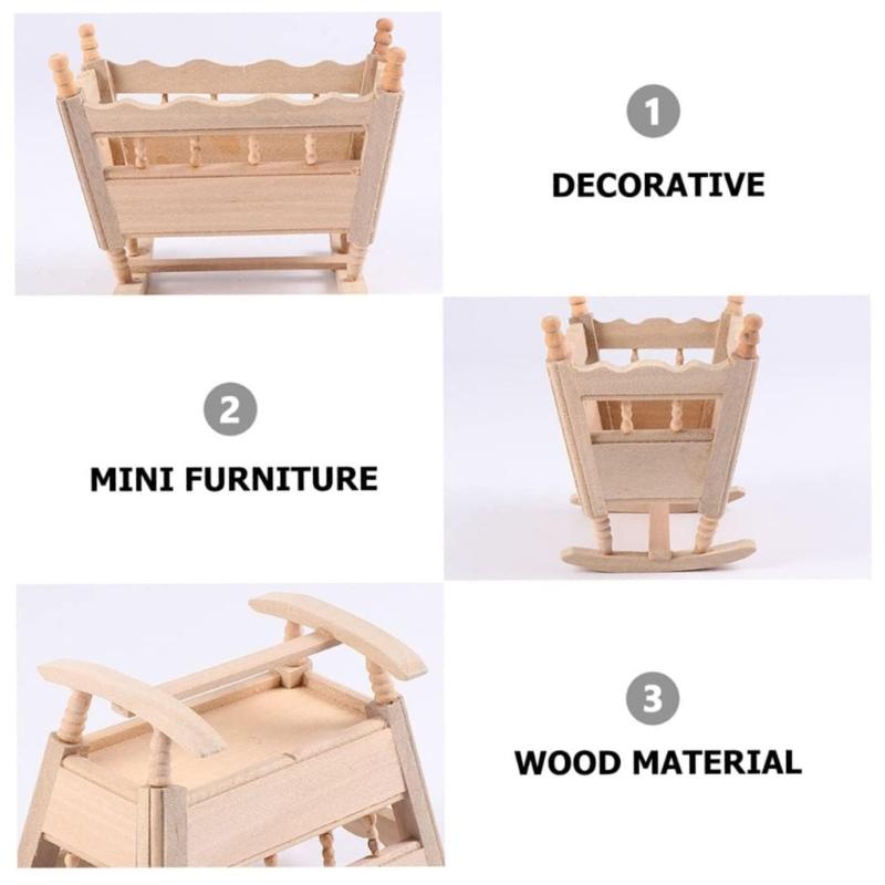 Unbemaltes Holz Babywiege Modell Figur Spielzeug für 1/12 Maßstab Puppenhaus Szenenbau und Kinderzimmer Ausstellungsdekorationen