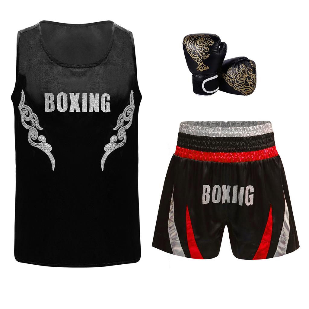 Muay Thai Gym Tops Kids Boxing Vest Boys Martial Arts Outfit Tank Top with Boxer Shorts Fight Grappling Costume Boxer Gloves
