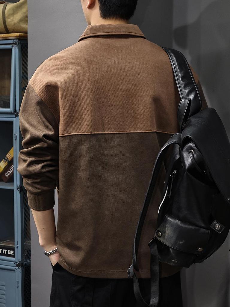 Men's Autumn Retro Lapel Hoodie - Trendy Loose-Fit Casual Knit Top, Long Sleeve Polo Style.