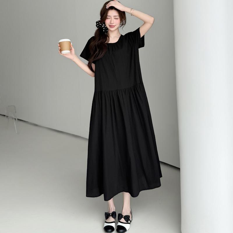 DIMANAF 2026 Summer New Plus Size Women Elegant French Style O-Neck Short Sleeve Cotton Maxi Long Dress Black