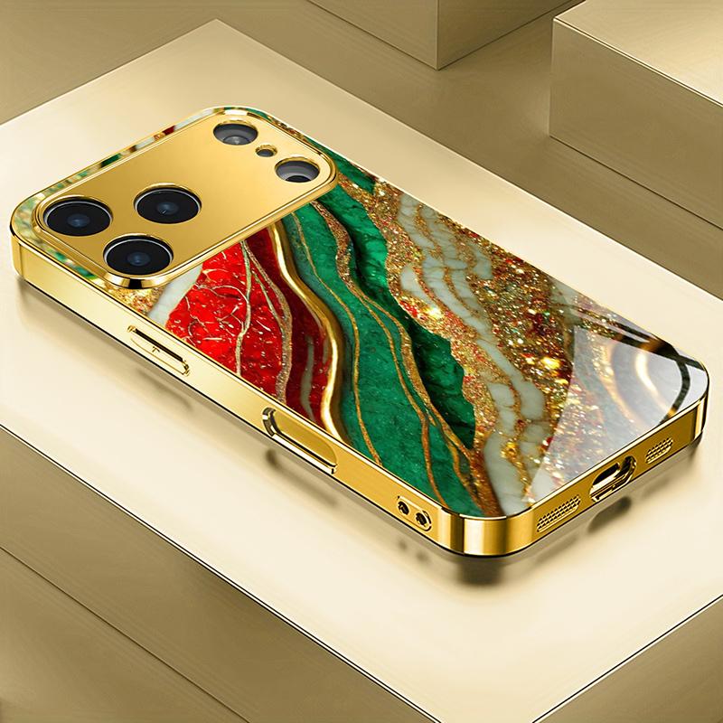 

High End Gilded Pattern Gold Metallic Paint Glass Phone Case For iPhone 17 Pro Max 15 Plus 16 Pro 11 12 13 14 17 Air 16E Cover iPhone 14 Plus