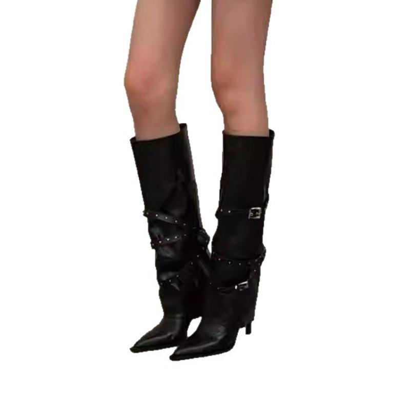 Pointed Metal Belt Buckle Rivet Vintage Western Cowboy Boots High Heel Knight Spice Girl Pant Boots Women's Boots