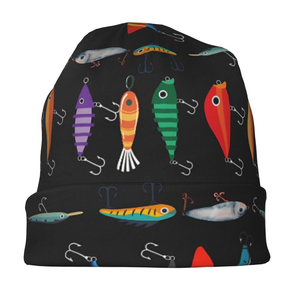 Fashionable Knit Polyester Beanie Hat With Fishing Lure Pattern, Stretchable Skull Cap With Elastic Weave