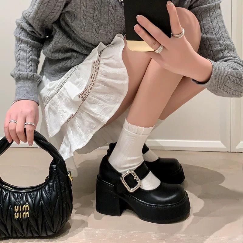 

Waterproof table pu leather heightening small leather shoes super not tired thick-soled spring Mary Jane shoes women s small high heels feet single 40