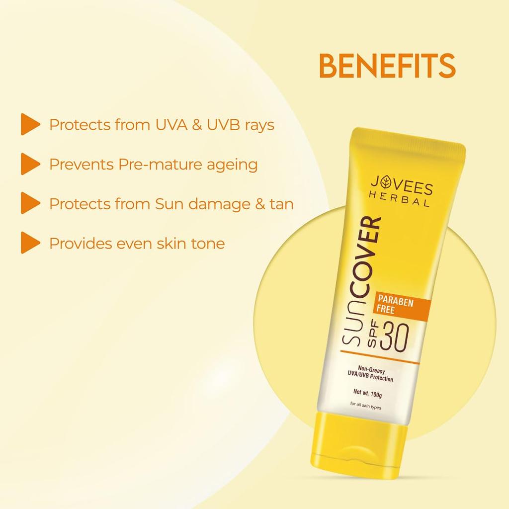 Jovees Herbal Sandalwood Natural Sun Cover SPF 30 Lightweight Oil Free Sunscreen For All Skin Types 100g