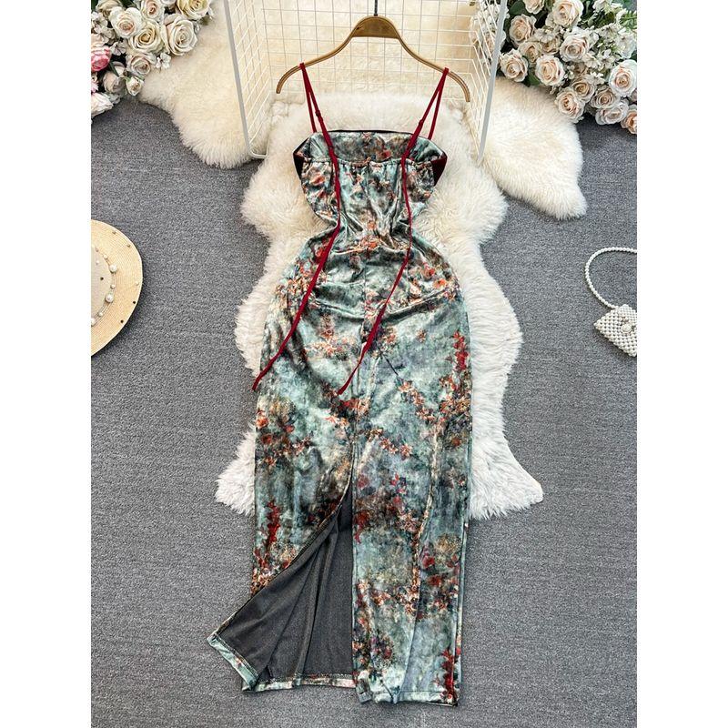 Retro Chinese Velvet Split Sling Dress Tube Top