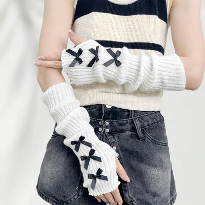 Women's Polyester Bow-knot  Hand Wash Sleeve Half-Finger Gloves Knitted Wool Ribbon Sleeves Fashionable Ballet Style Arm Sleeves