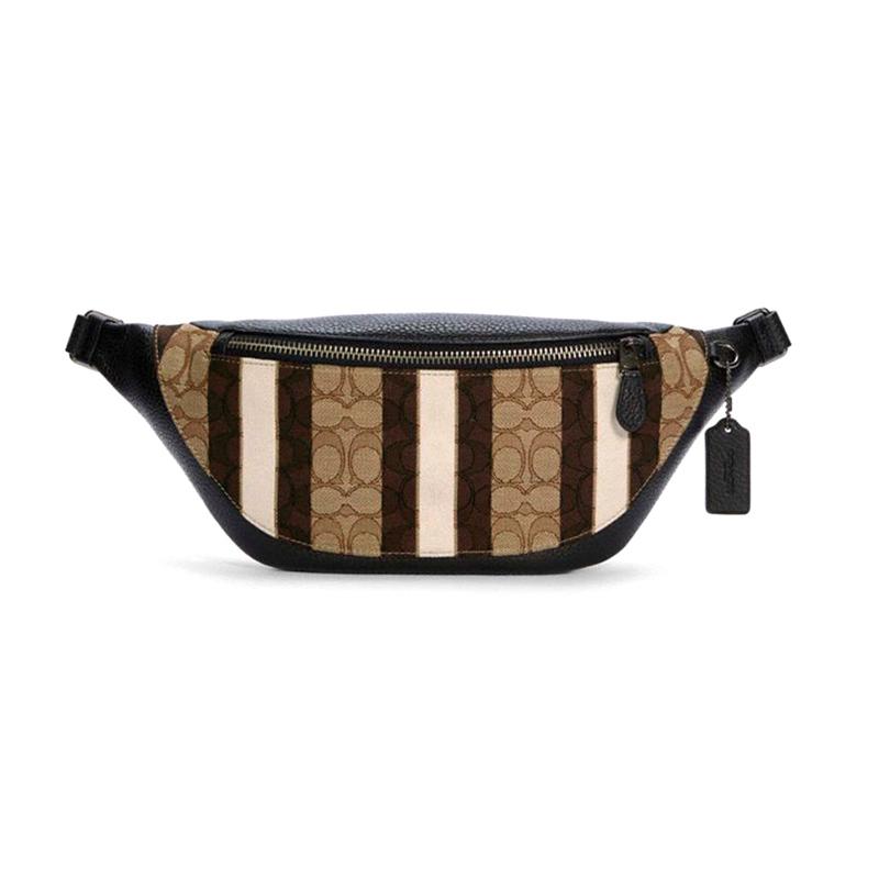 

COACH Warren 33 classic presbyopia canvas leather crossbody chest bag waist bag large men s khaki brown and black color matching чорний