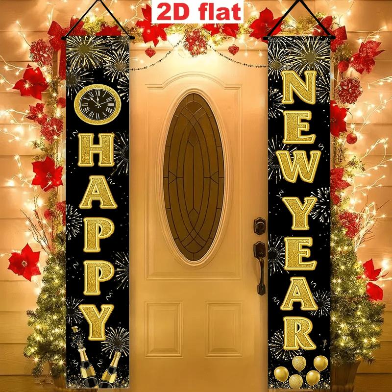 2pcs Christmas & New Year Firework Door Couplet Black Golden 12x70.8in