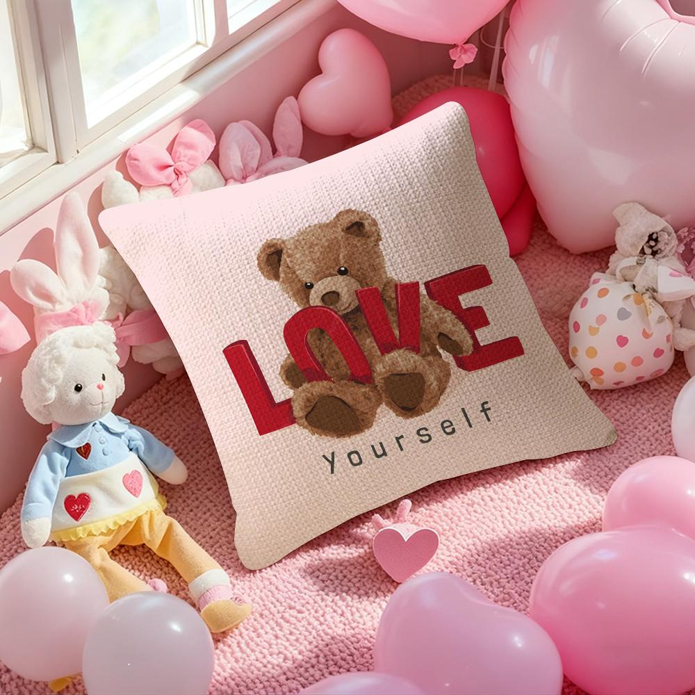 Love Family Companionship Teddy Bear Pillow Case Anti-Dustmite Pillowcase Invisible Zipper Silky Short Plush Sofa Cushion Cover