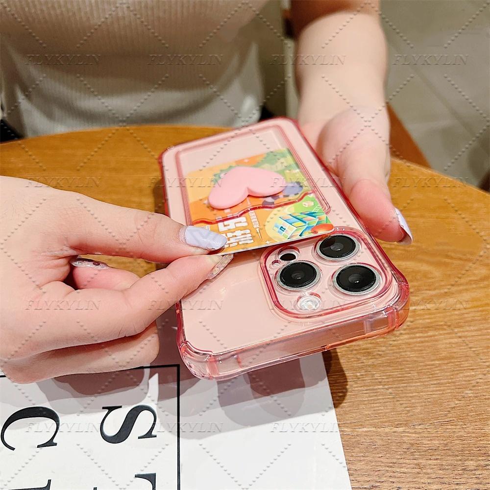 Luxury Transparent Wallet Card Phone Case For iPhone 16 15 14 13 12 Pro Max XS XR 7 8 Plus 16E Love Heart Shockproof Cover