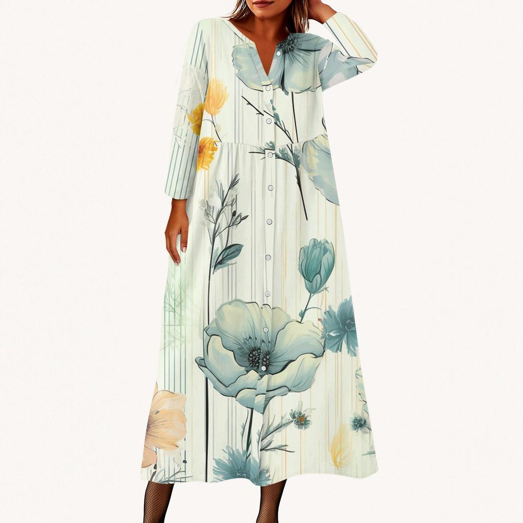 Women's Fashionable Printed Round Neck Seven Quarter Sleeve Button Loose Shirt Dress