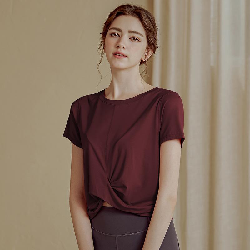 

Женский кроп-топ для йоги премиум-класса с перекрещенными бретелями, утягивающий - Дышащая спортивная футболка с коротким рукавом для бега и фитнеса. Идеально для летних тренировок. L (recommended 110-120 jin) вино красного