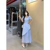 Large size French irregular square neck dress women's summer fat MM belly covering and thin skirt fashion short sleeve A-shaped skirt