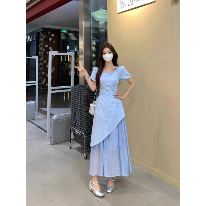 

Large size French irregular square neck dress women s summer fat MM belly covering and thin skirt fashion short sleeve A-shaped skirt S синий