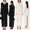 Three-Dimensional Flower Decoration V Neck Long Sleeves Pure Color Wrinkles Dress Slimming Slit Long Dress Women's Autumn Dress Dresses Dresses