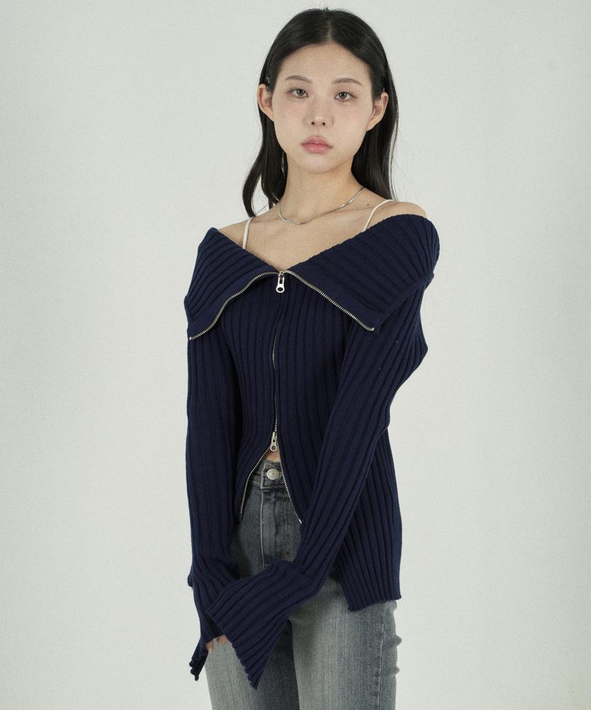 Tobaseu Off-Shoulder Two-Way Zip-Up Rib Knit (Navy)