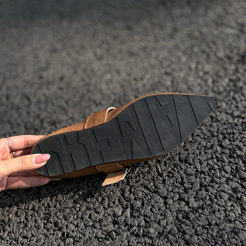 Johnature Retro Mary Jane Pointed Toe Women's Shoes Versatile Genuine Leather Soft Soled Flat Shoes