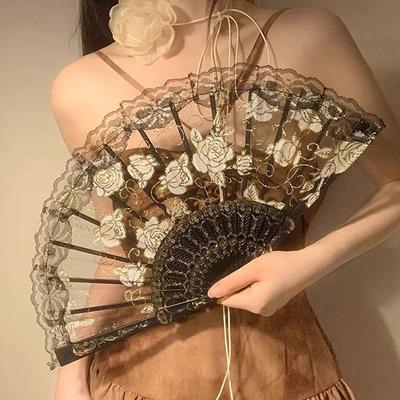 Chińskie Składane Wachlarze Koronkowy Wachlarz Ręczny Koronkowy Wachlarz Składany z Frędzlem Ślub Cosplay Impreza Domowy Wachlarz Dekoracyjny Rekwizyty Po