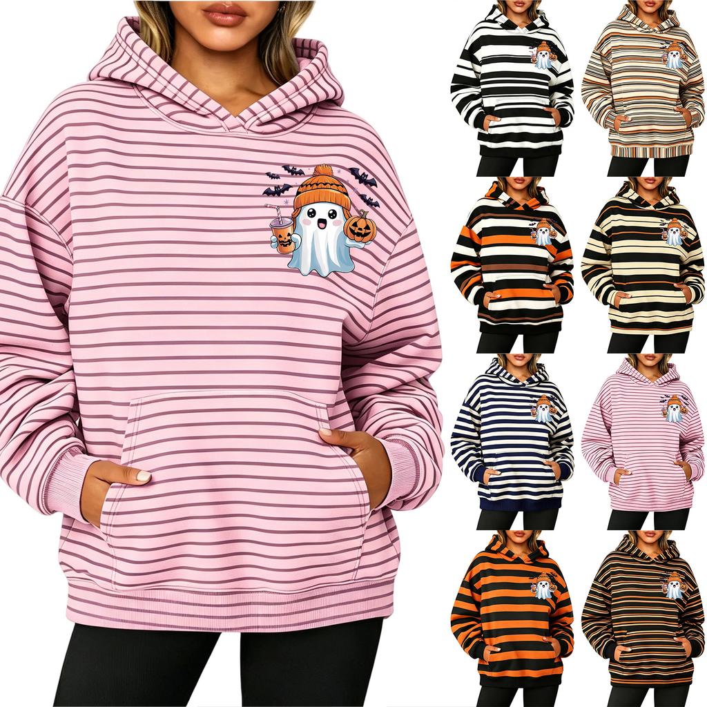 Women's Fashion Striped Print Long Sleeve Pullover Hoodie with Pockets for Halloween