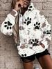 Women's Casual Hooded Sweatshirt Is Covered with Black, Brown and Gray Paw Prints and Spotted Prints