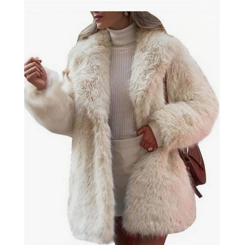 Women's Pink Faux Fur Coat Lapel Mid-Length Warm Winter Outerwear
