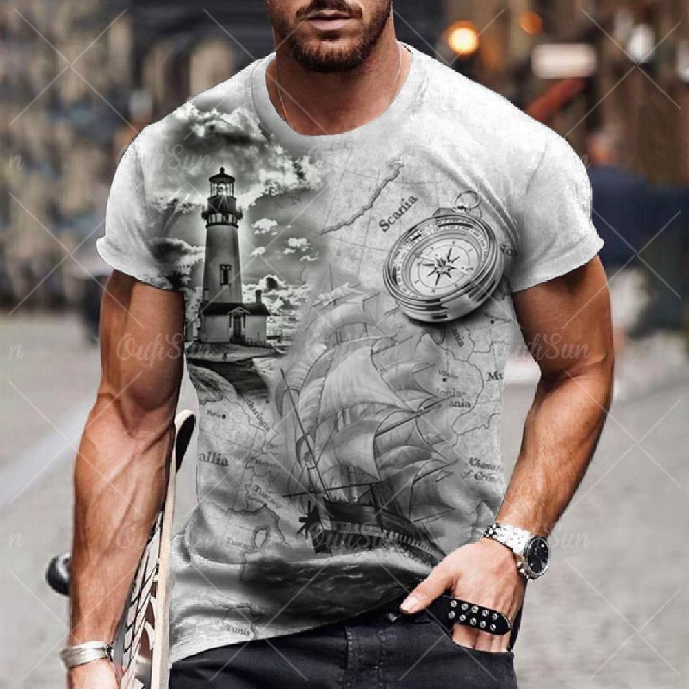 T-shirt imprimé boussole vintage pour hommes, chemise à manches courtes, hauts nautiques, sweat-shirt à col rond d'été, vêtements de créateur quotidiens pour hommes