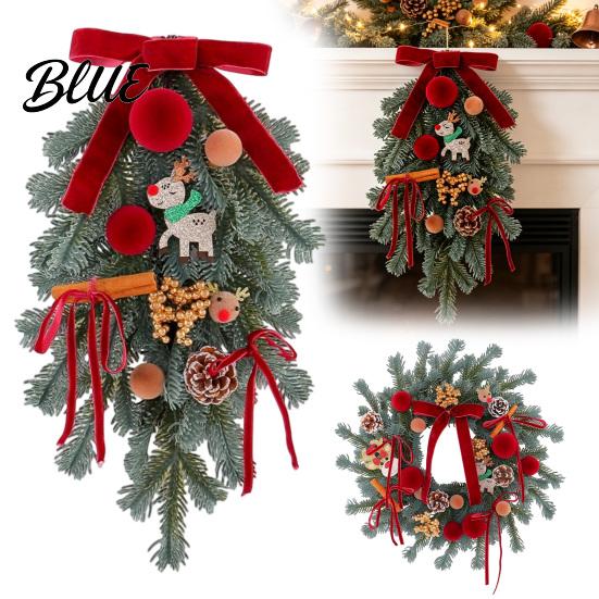 Festive Hanging Decoration Christmas Artificial Garland with Pinecones Cinnamon And Red Bows Decorative Wreath Winter Pendants for Holiday Home Wall